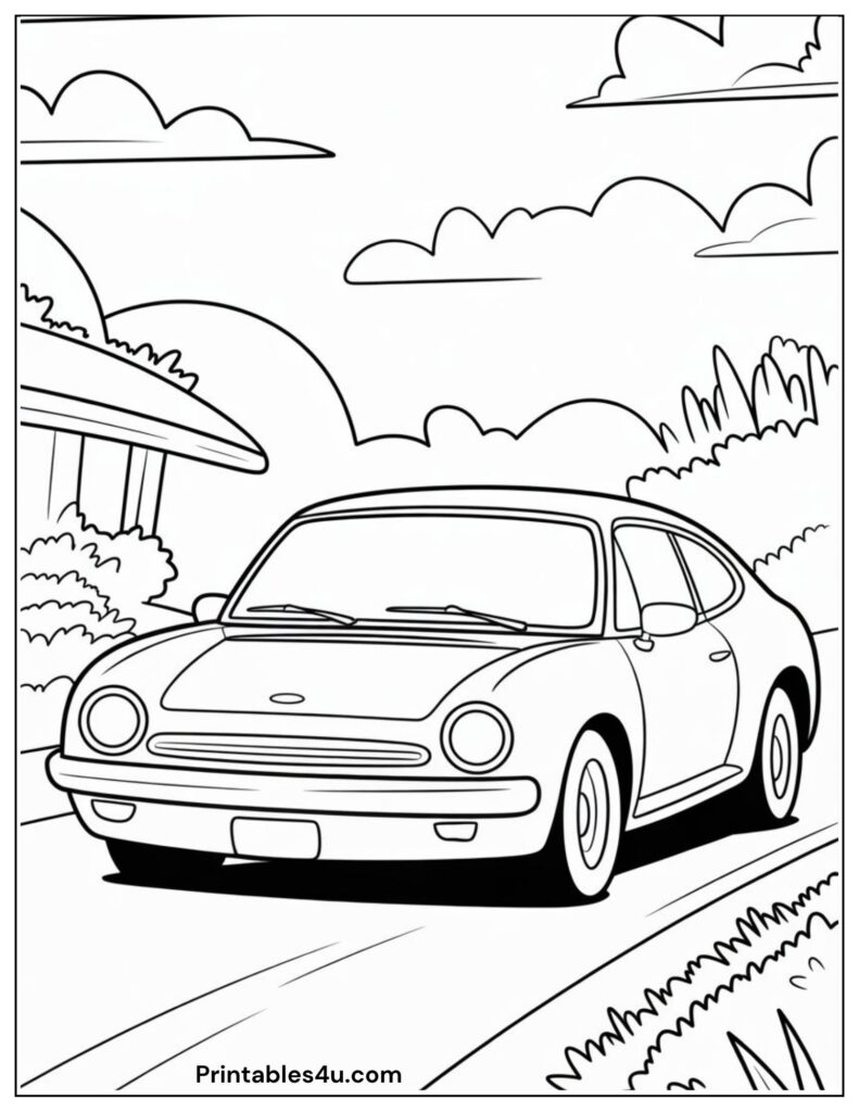 car with cloud and parked on a roadside, Coloring Page For Kids