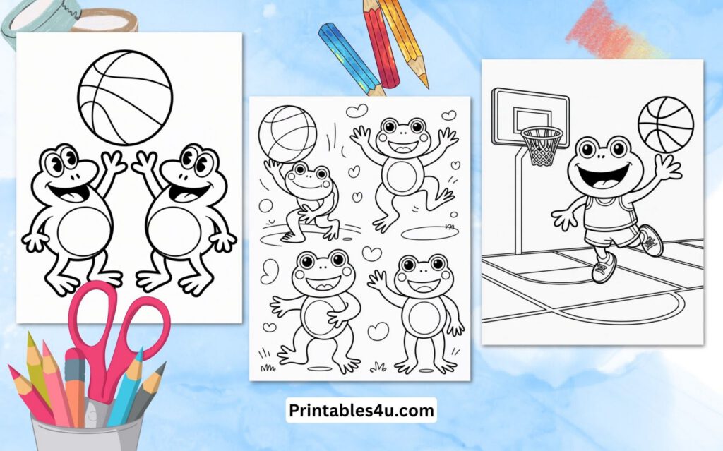 Frog Playing Basketball Coloring Page (Free Printable PDF)