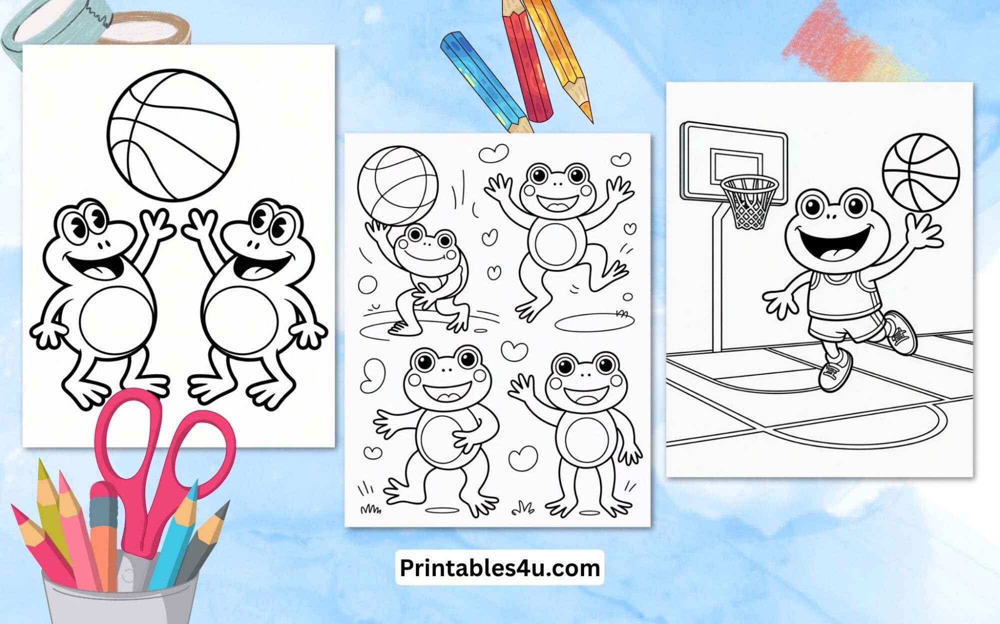 Frog Playing Basketball Coloring Page (Free Printable PDF)