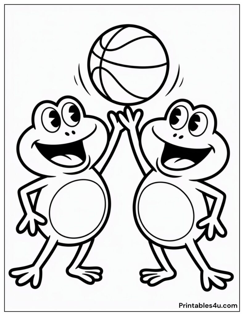 Two Frogs Holding A Basketball Coloring Page For Kids