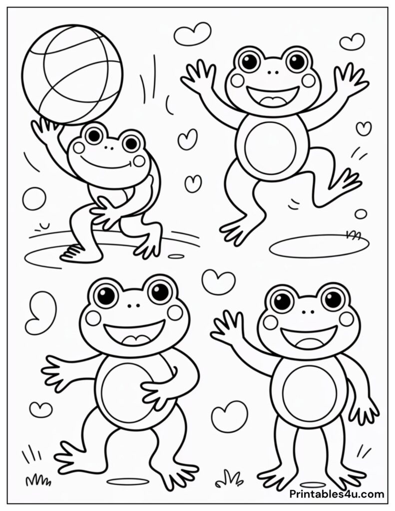 Frog Playing Basketball In Various Poses Coloring Page For Kids
