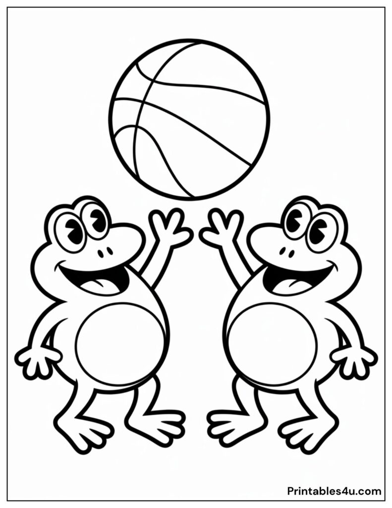 Two Frogs Playing Basketball Coloring Page For Kids