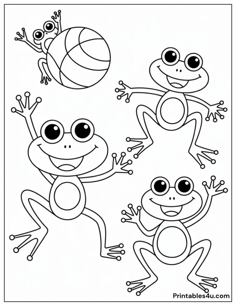 Frog In Various Positions With Basketball Coloring Page For Kids