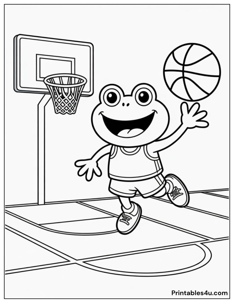 Frog Dribbling A Basketball On A Court Coloring Page For Kids