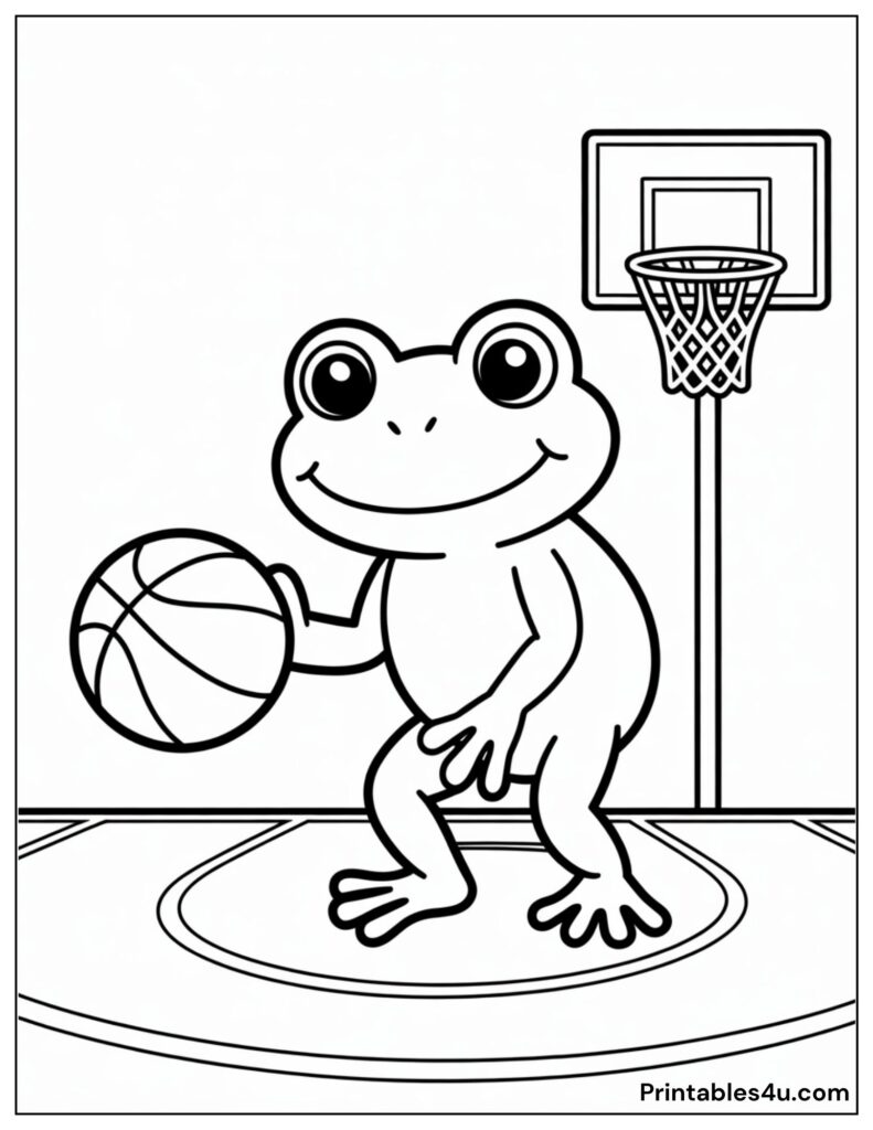 Frog is Playing Basketball  In A Court Coloring Page