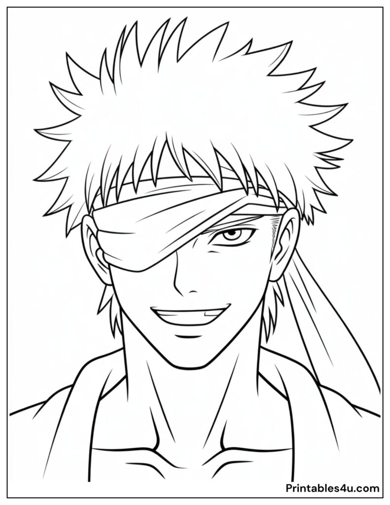 Anime character Gojo coloring page with a bandana for kids, printable.