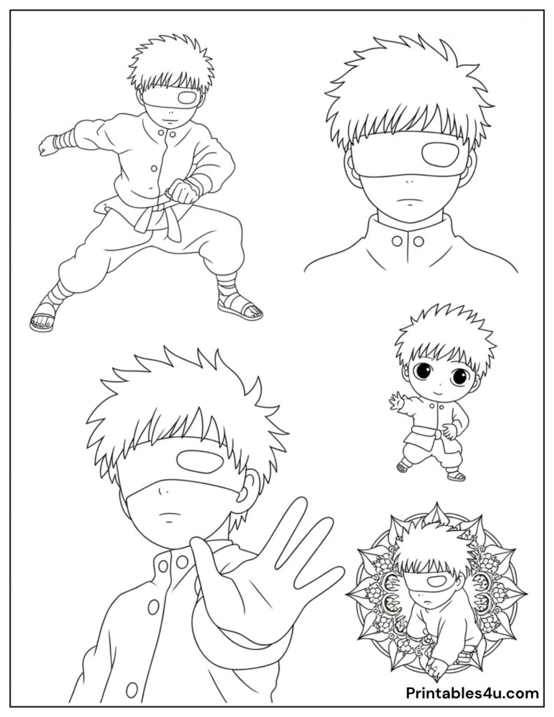Cartoon ninja Gojo coloring page, various poses, printable for kids.