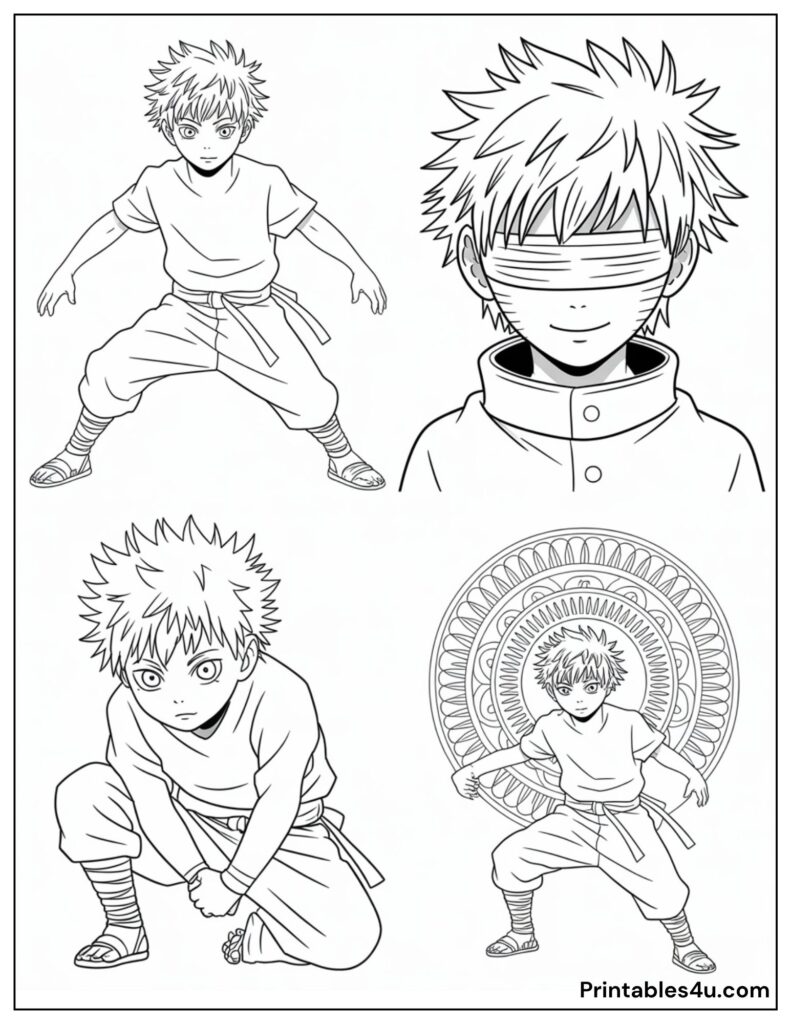 Anime boy Gojo coloring page: various poses and mandala design. Download and print.