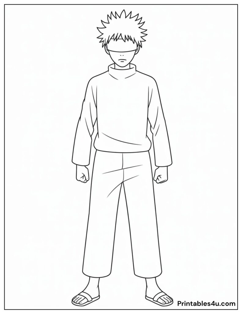 Anime character Gojo coloring page for kids, printable and fun to color.