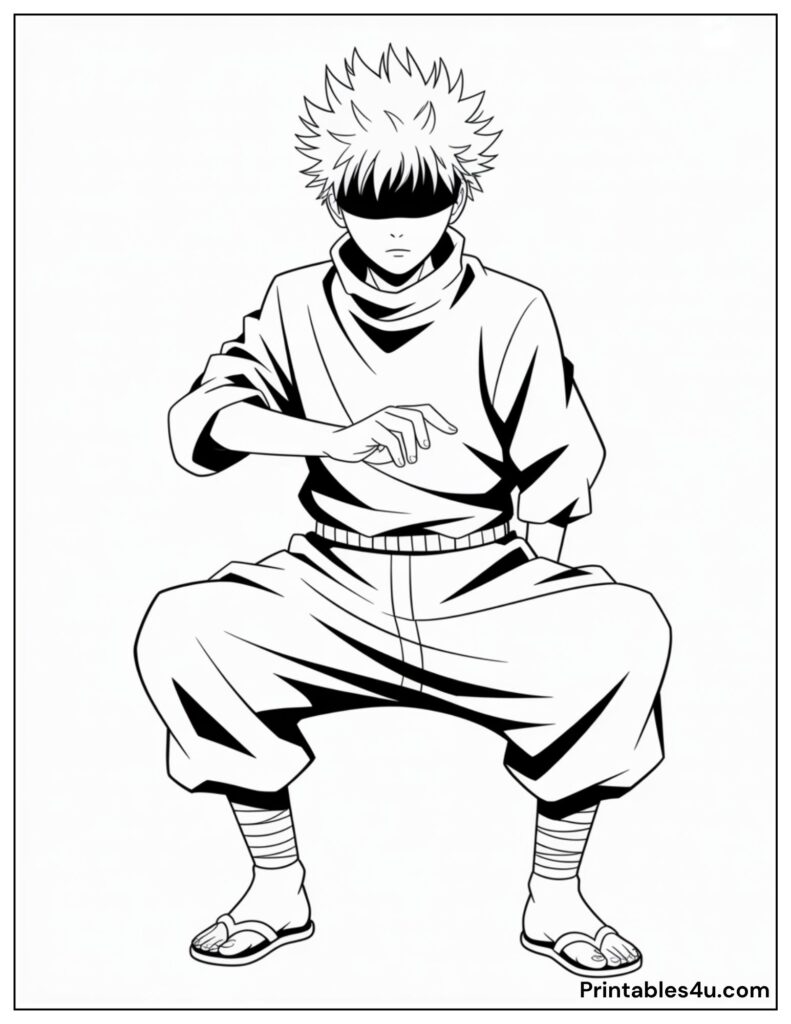 Anime-style character Gojo coloring page, seated meditative pose. Printable and relaxing.
