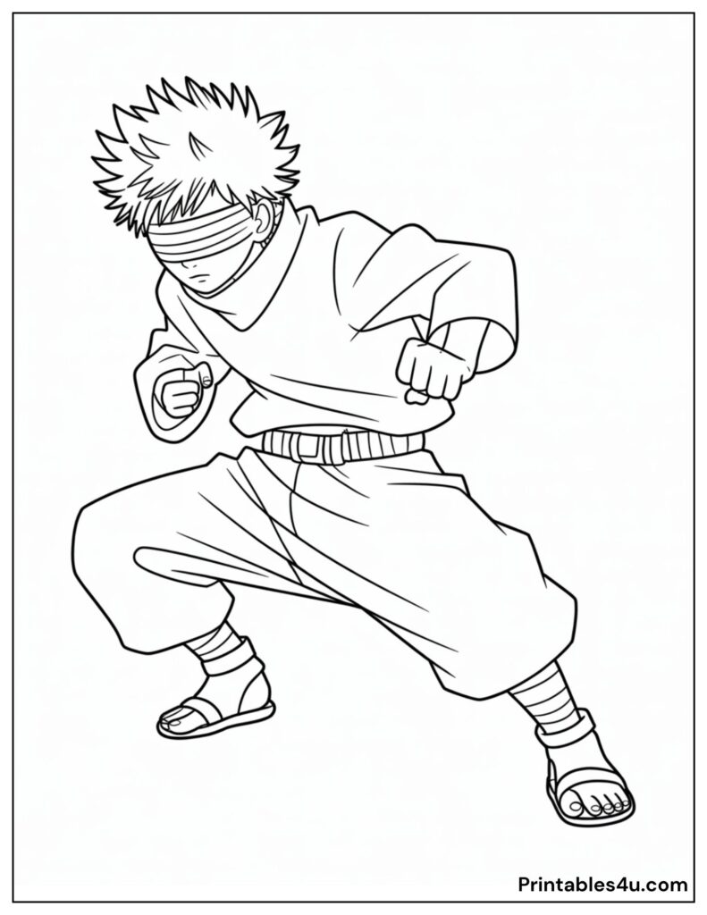 Anime ninja Gojo character coloring page, printable design for kids and teens.