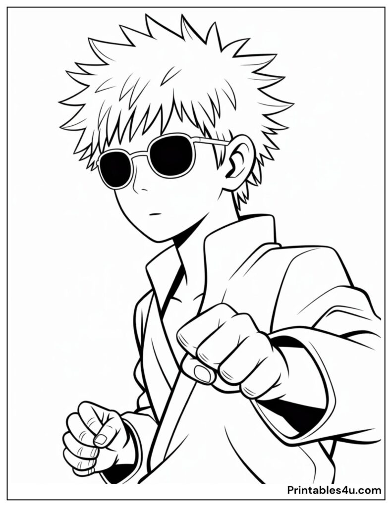 Anime character Gojo coloring page: a cool figure with sunglasses and spiky hair ready to print.