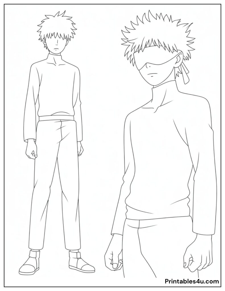 Anime character Gojo coloring page, with detailed outlines for kids and adults.