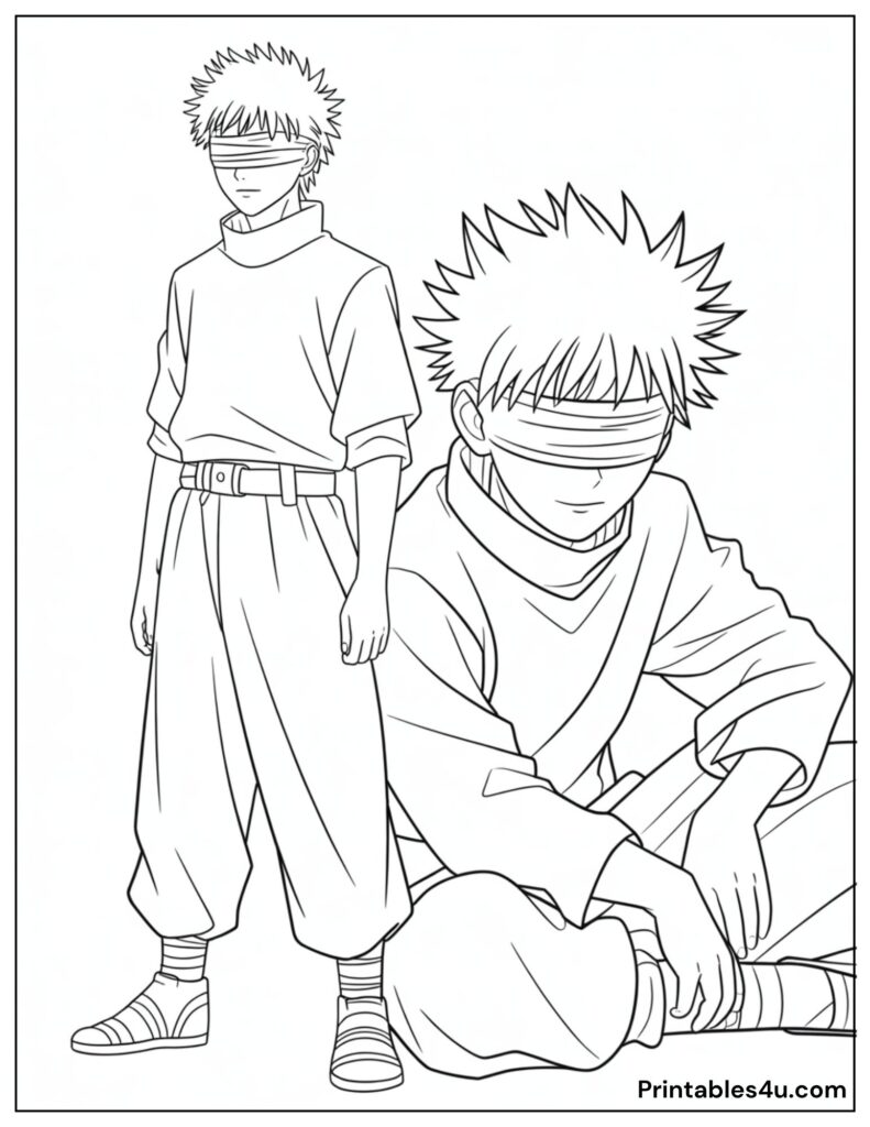 Printable anime character Gojo coloring page, kids creativity activity.