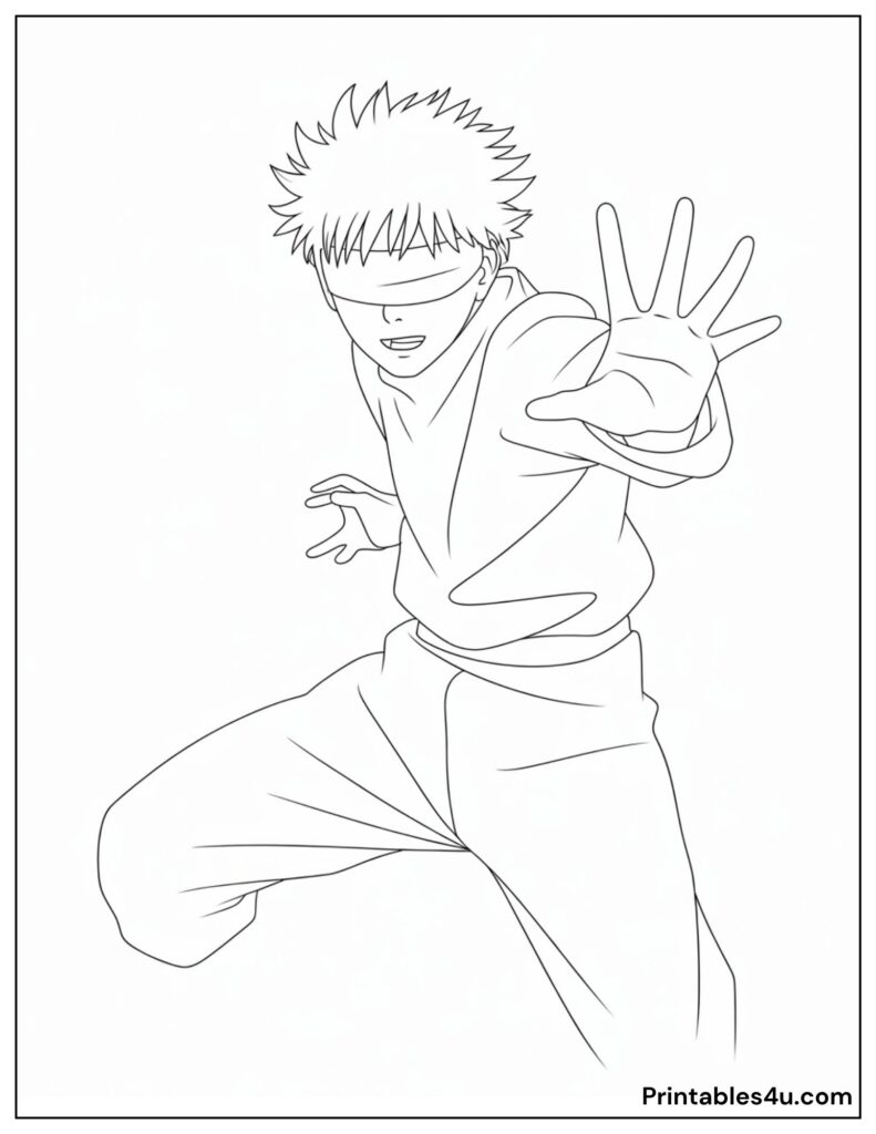 Anime-style character Gojo coloring page, action pose, free download printable.