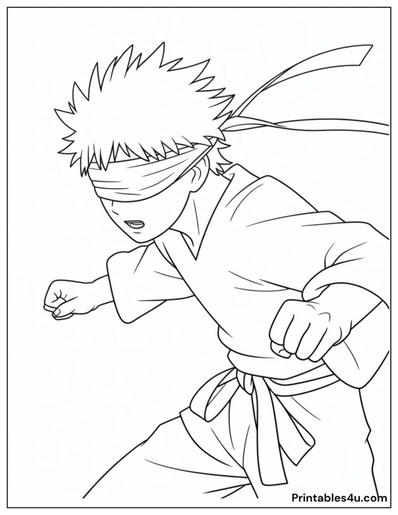 Gojo Karate fighter coloring page for kids to print and color.