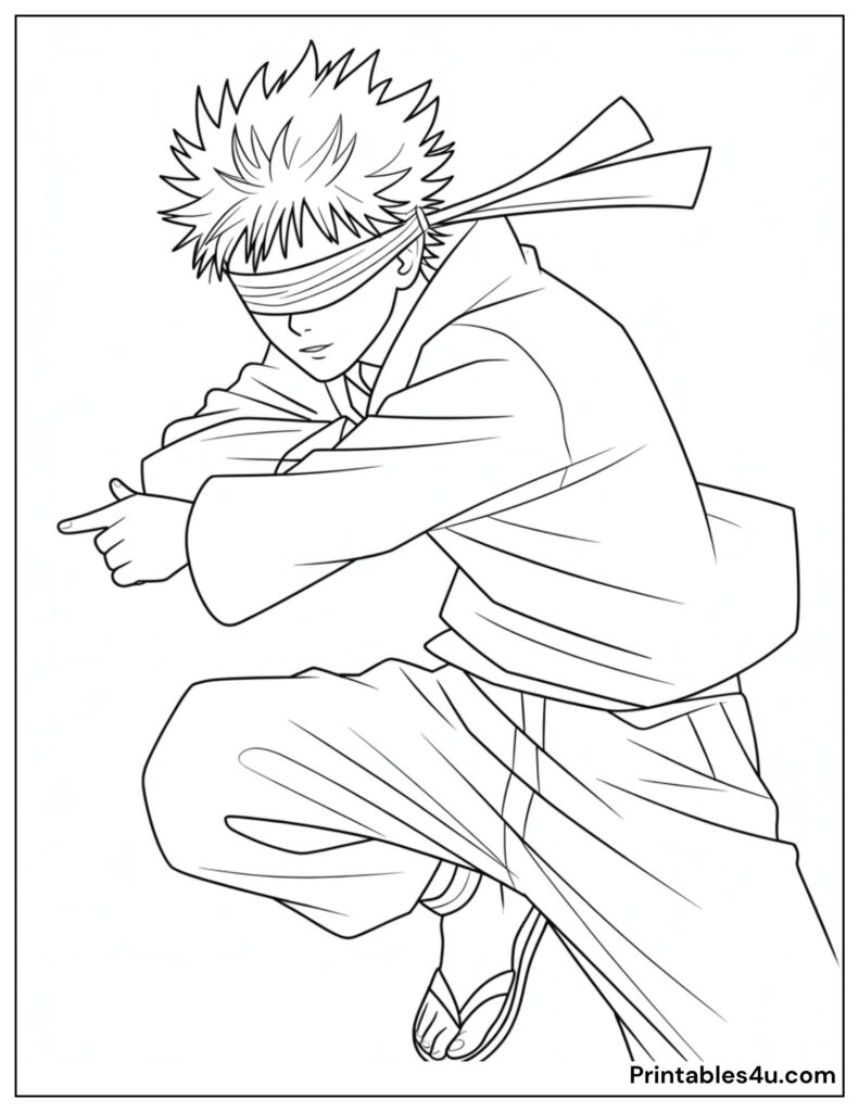 Anime character Gojo jumping coloring page for print and creativity.