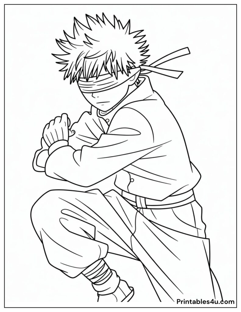 Anime-style ninja Gojo coloring page for kids to print and color at home.