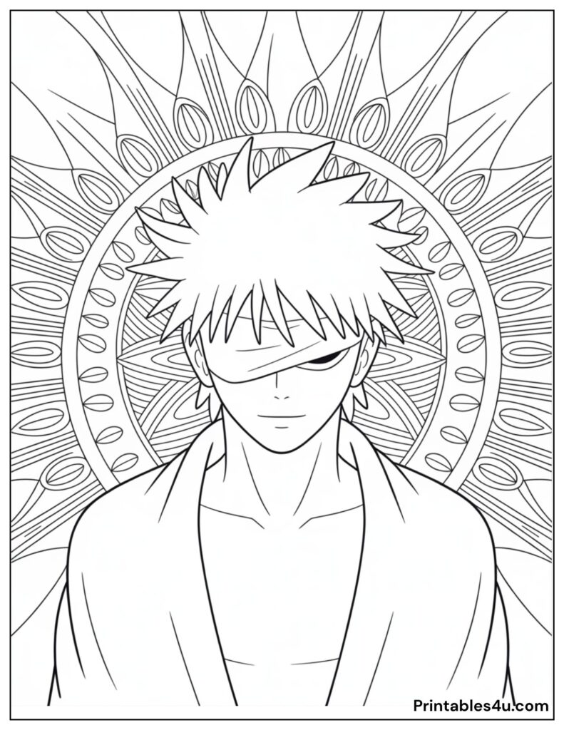 Anime-style character Gojo with a detailed mandala background, printable coloring page.