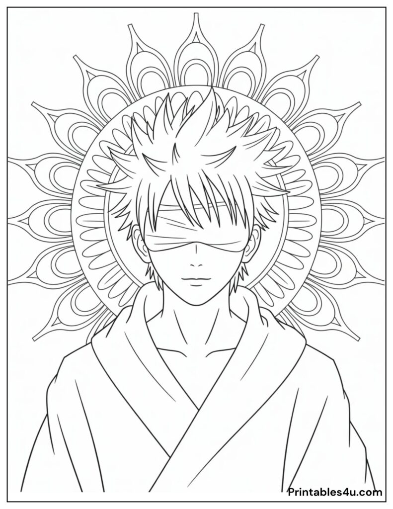 Gojo coloring page with a robed character and intricate mandala designs.
