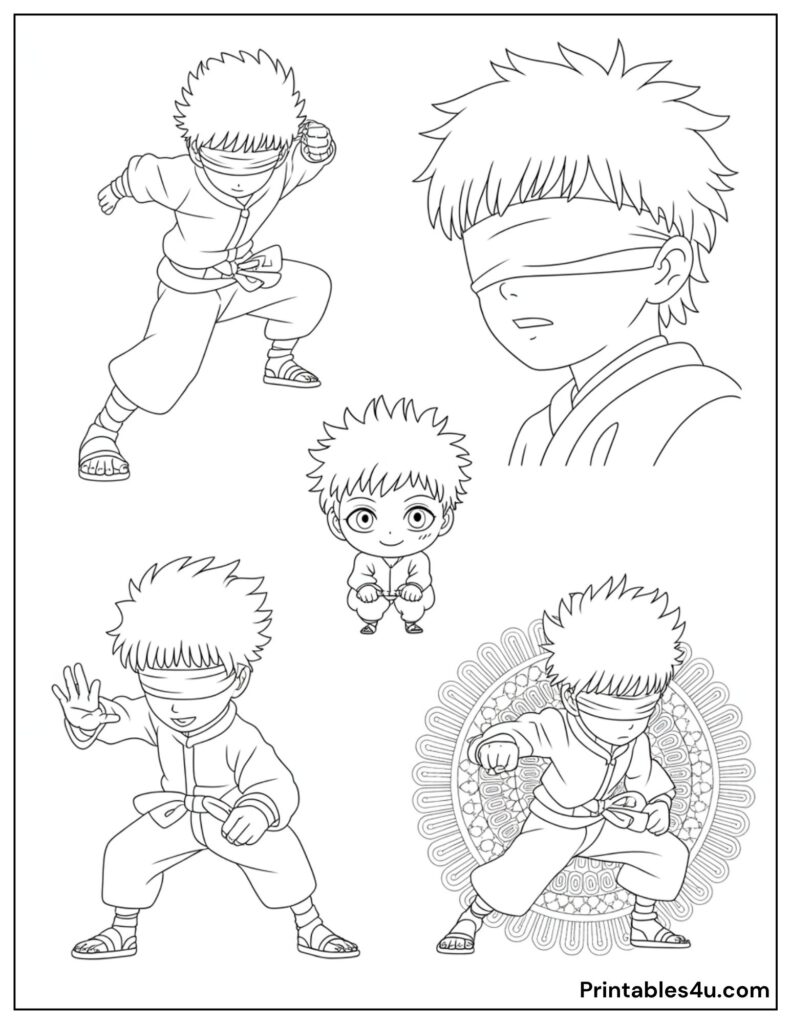 Karate-themed anime Gojo coloring page featuring dynamic poses.