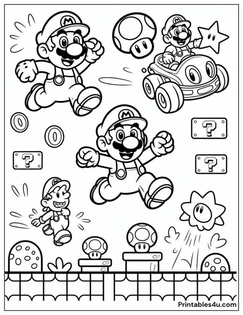 Mario, Mushrooms, Question Blocks, and Mario Kart Vehicles Coloring Page For Kids