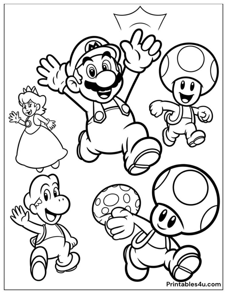 Mario, Princess Peach, Toad, and Mushrooms Coloring Page