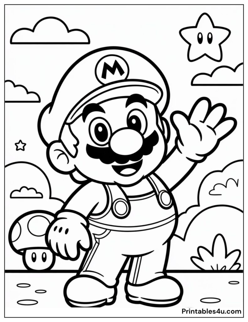 Standing Super Mario Coloring Page For Kids