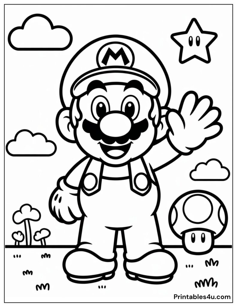 Mario, Mushrooms, and Clouds Coloring Page