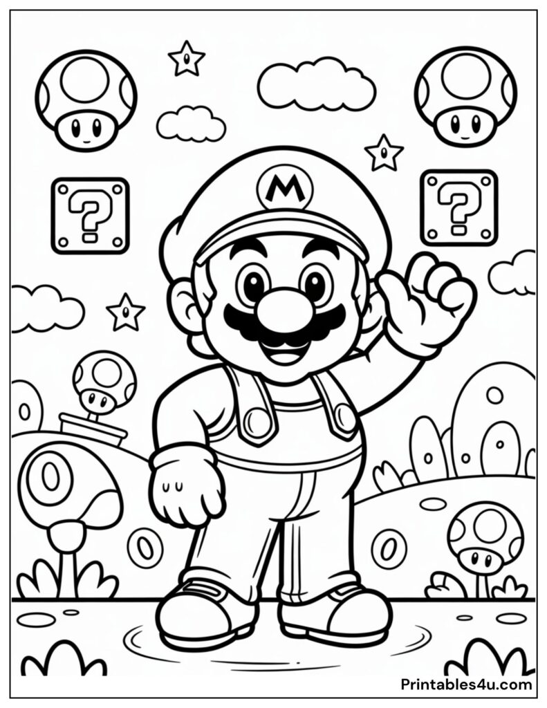 Super Mario With Mushrooms, Clouds, and Question Mark Blocks Coloring Page