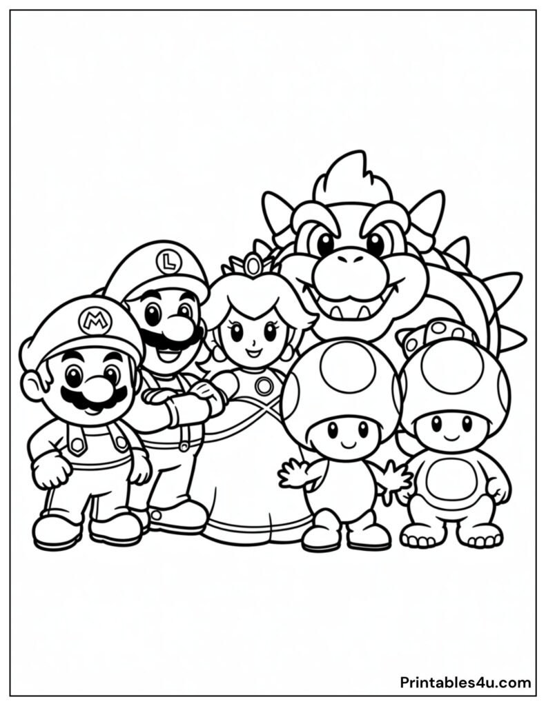 Mario, Luigi, Princess Peach, Bowser, and Two Tods Coloring Page