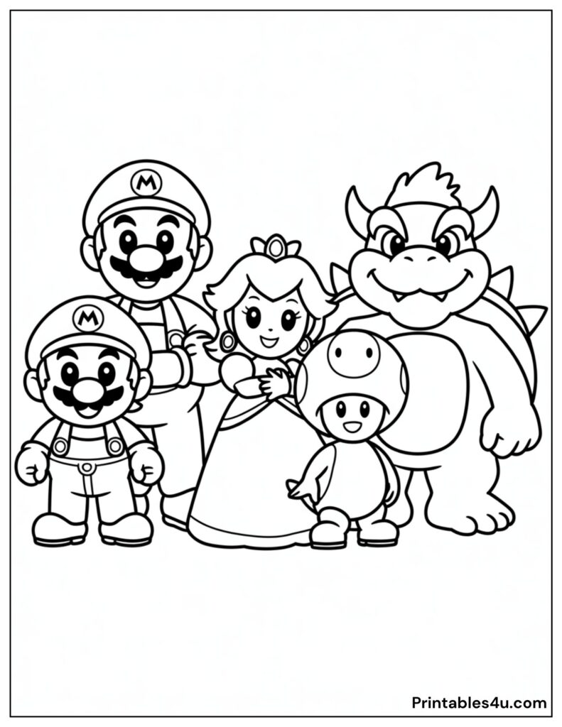 Mario, Luigi, Princess Peach, Toad, and Bowser Coloring Page