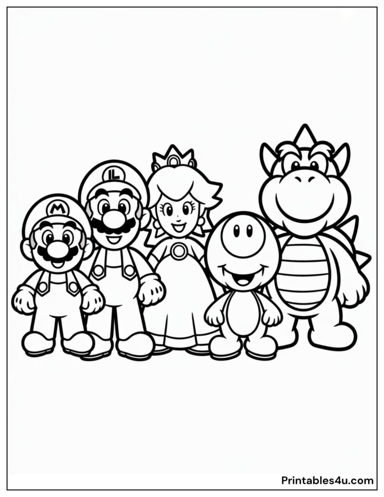 Super Mario, Luigi, Princess Peach, Bowser Coloring Page For Kids