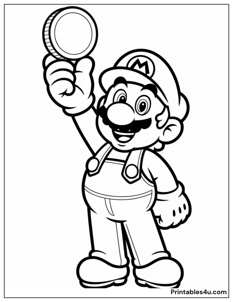 Mario Holding Up a Coin Coloring Page