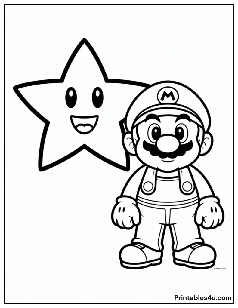 Mario and Super Star or Starman Coloring Page for kids