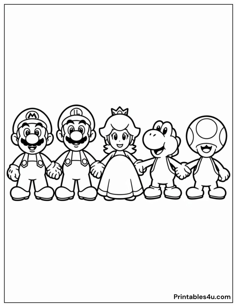 Mario and Luigi, Princess Peach, Yoshi, Toad Coloring Page