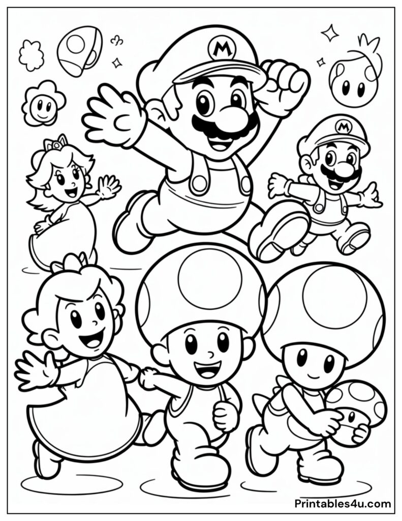 Mario, Luigi, Princess Peach, and Yoshi Coloring Page