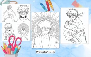 Anime character coloring page with mandala background, printable for kids.