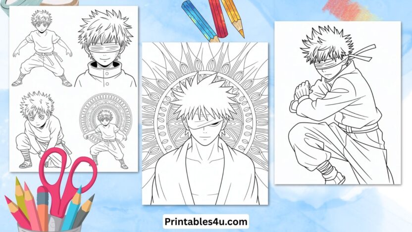 Anime character coloring page with mandala background, printable for kids.