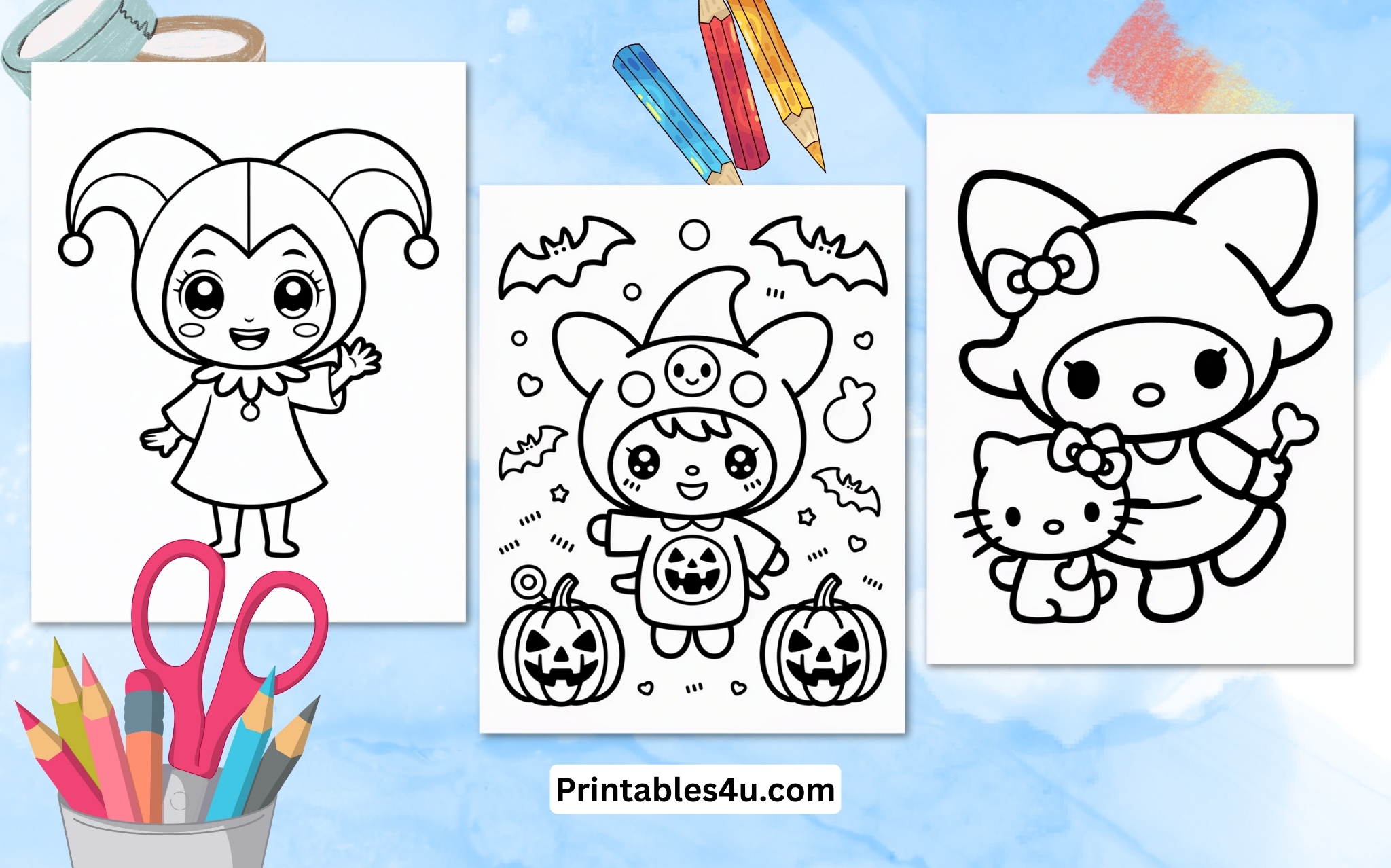 Kids Kuromi coloring page with cute Halloween characters.