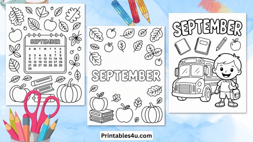 Printable September coloring page with leaves, apples, school bus, and autumn themes.