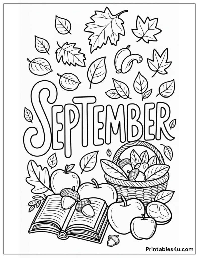 September coloring page with leaves, apples, acorns, and a book.