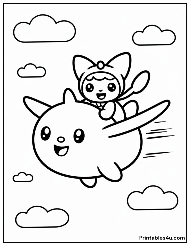 Child flying on a creature, cute Kuromi coloring page for kids