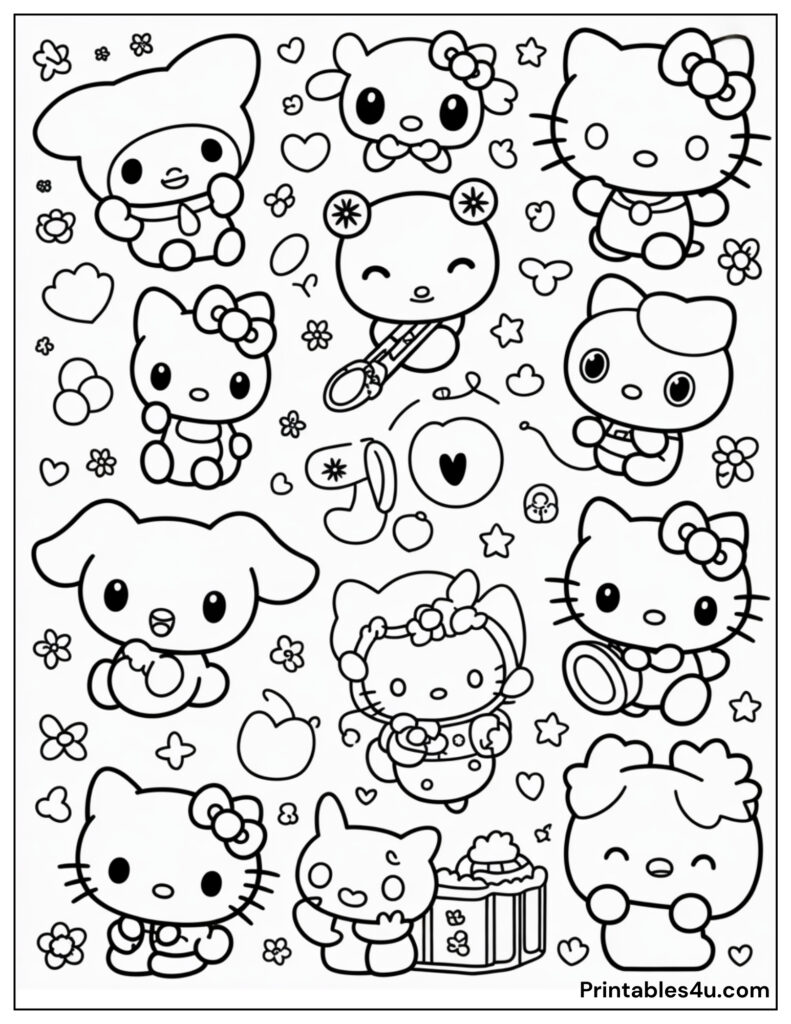 Cute cartoon characters Kuromi, Kitty, and Bunny coloring page for kids.