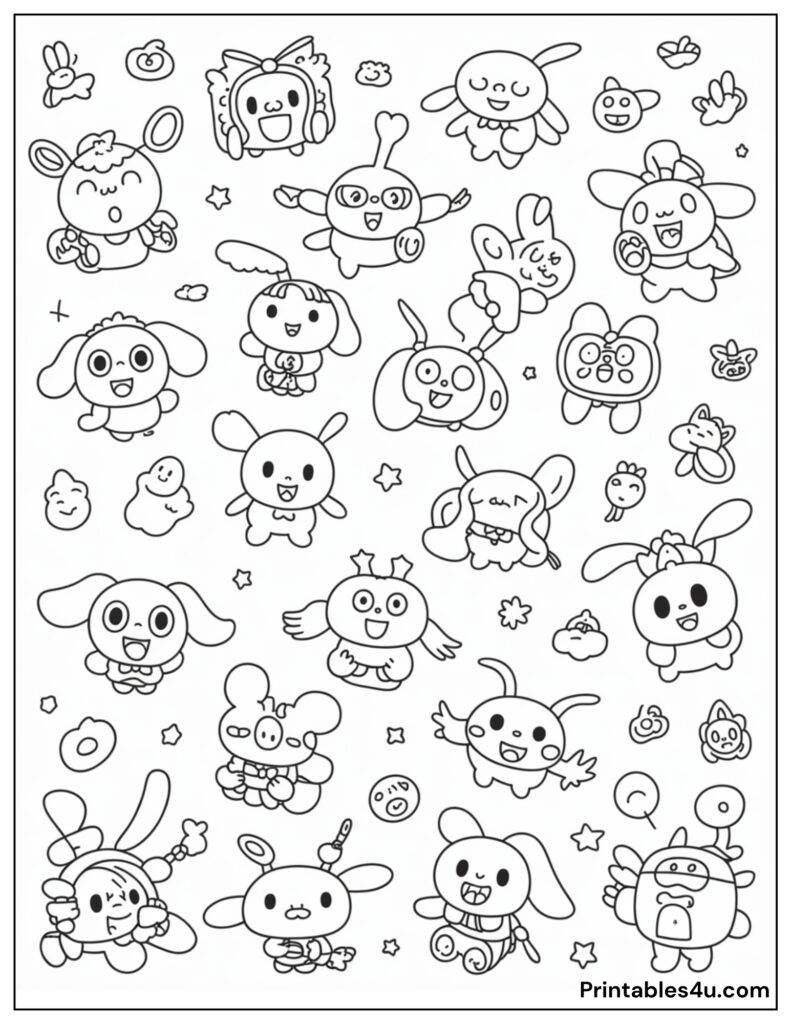 Cute Cartoon animal, and Kuromi coloring page for kids.