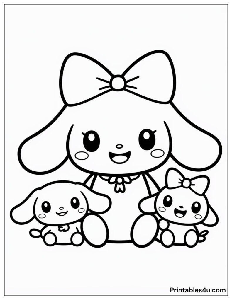 Cute Kuromi coloring page with bows and smiles.