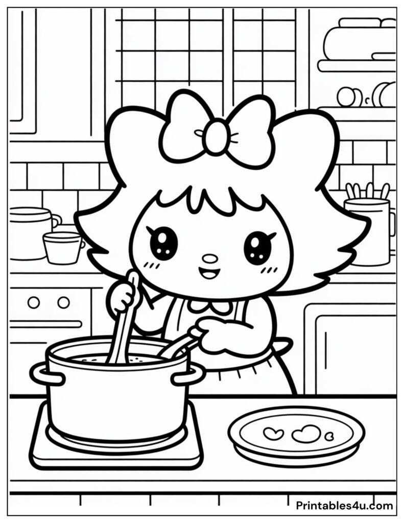 Cute character Kuromi cooking in the kitchen coloring page.