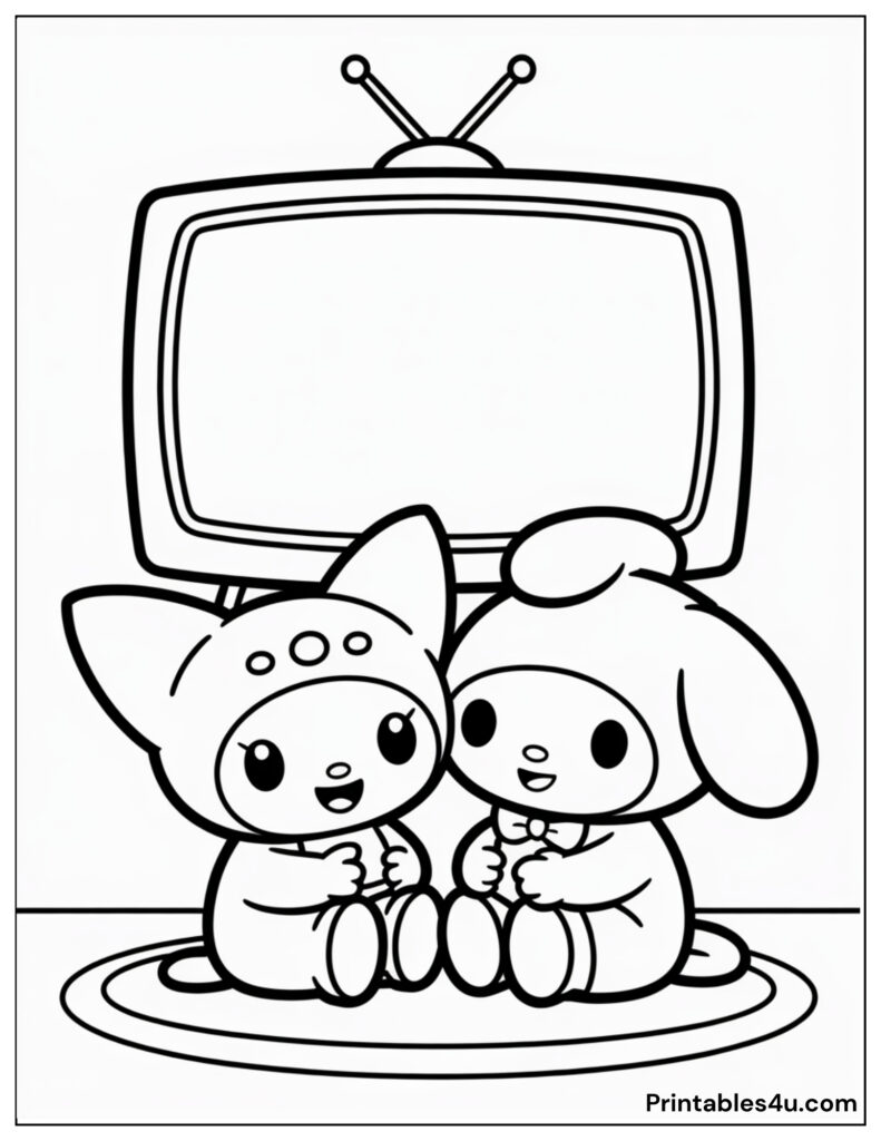 Cute characters Kuromi watching TV coloring page.