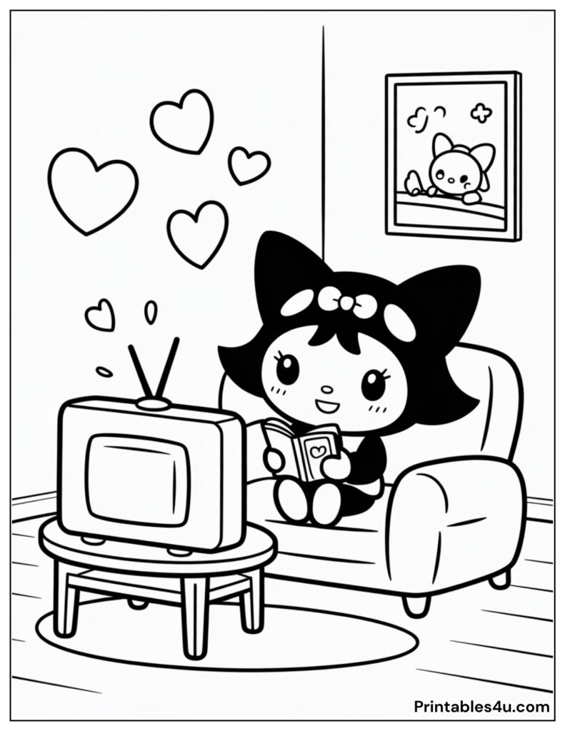 Cute character Kuromi coloring page, sitting with a book and TV.