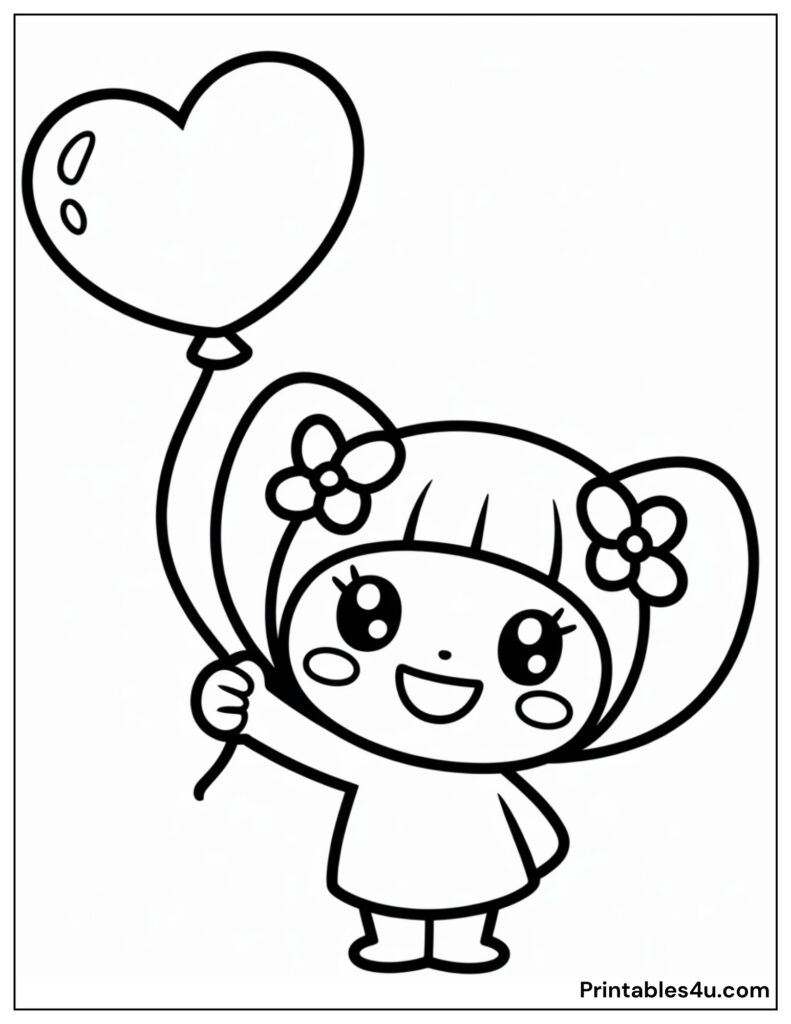 Cute girl with heart balloon Kuromi coloring page.
